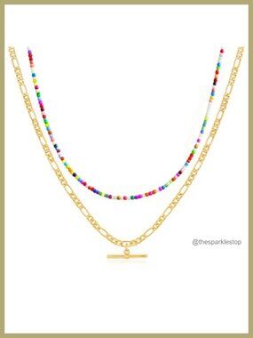 Seed Beaded Layered Necklace Set with 14K Gold Plated Figaro Chain and T Bar